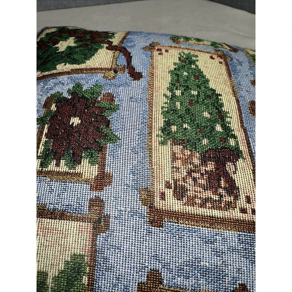 Holiday Tapestry Pillow Festive Christmas‎ Wreath Tree & Cardinal 14.5 X 14.5